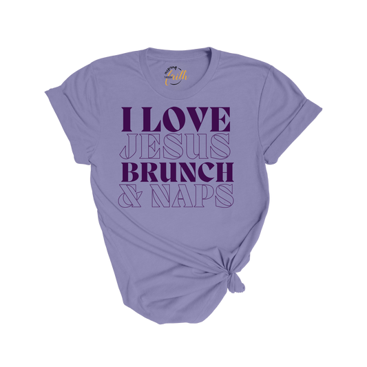 I love Jesus, brunch, & naps t-shirt (Purple)
